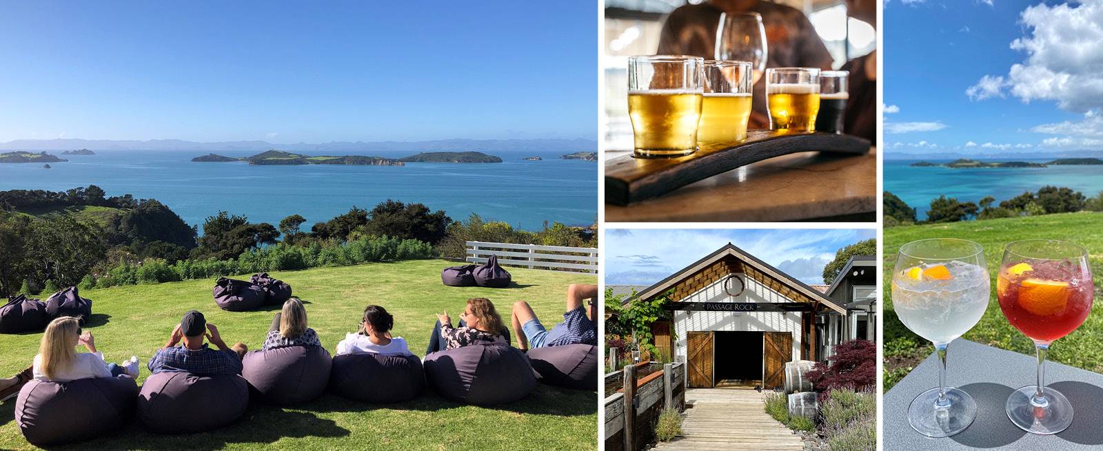 Afternoon Artisan Tour - Waiheke Distilling Co. People sitting in beanbags overlooking Ponui Island