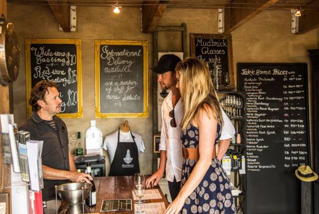 Wine tasting at Mudbrick cellar door